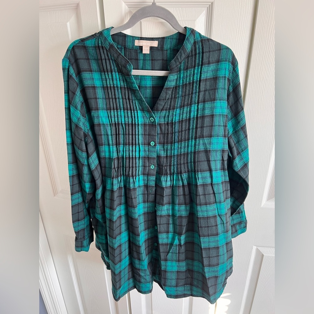 Woman Within Teal and Black Plaid Shirt